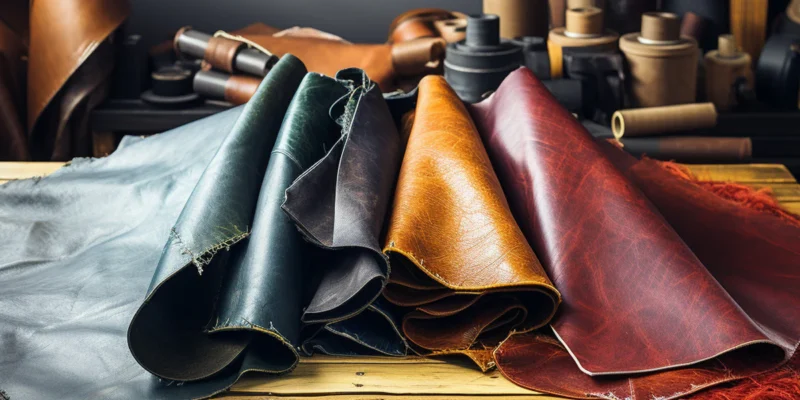 Rolls of leather in various colors, including black, brown, and red, are spread on a wooden table. More leather rolls and crafting tools are in the blurred background, creating a workspace atmosphere.